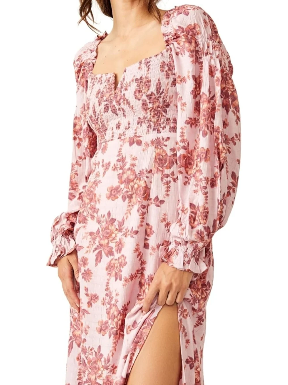 Free People Jaymes Floral Print Long Sleeve Smocked Peasant Midi Dress